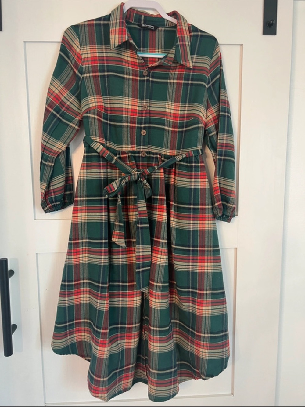 BloomChic Green Plaid Dress with Red and Cream Accents